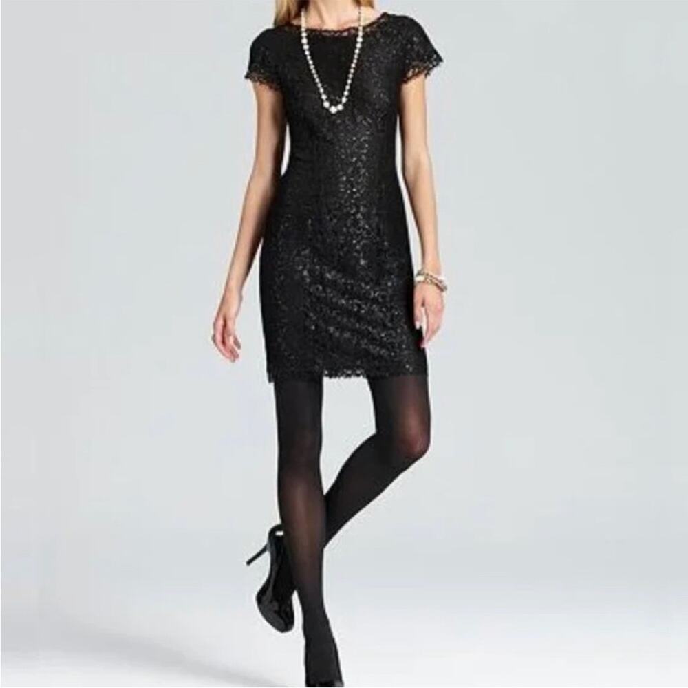 Joie Martin Black Lace Overlay Metallic Mini Dress LBD Little Black Dress